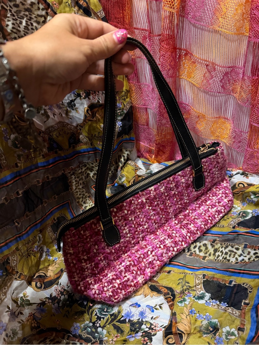 Pink Tweed Shoulder Bag with Black Handles from Sony pictures costume dept